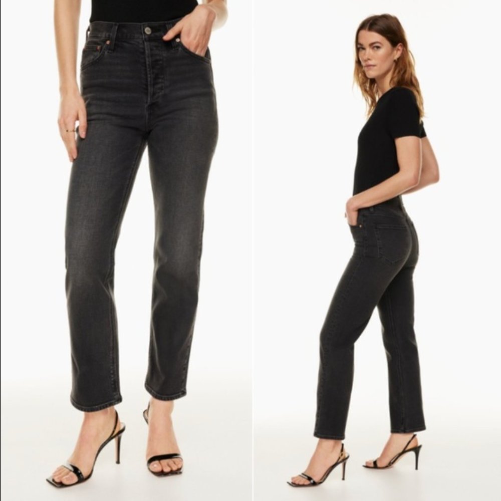 Denim Forum The Arlo High Rise Straight Jeans 30L Size 25 Black Denim